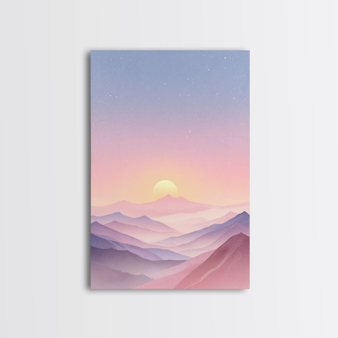 Pastel Mountain Sunrise Under Starry Sky Wall Art, Minimalist Landscape Print, Calming Bedroom Decor, Modern Home Decor, Gift