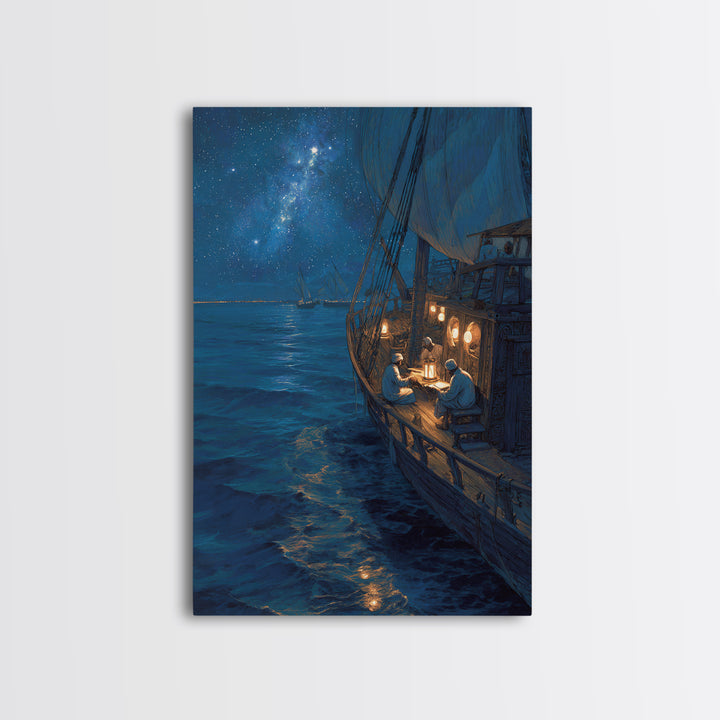 Sailors Reading By Lantern On Historic Ship Under Starry Night Sky Wall Art Framed Canvas Print For Nautical Home Decor