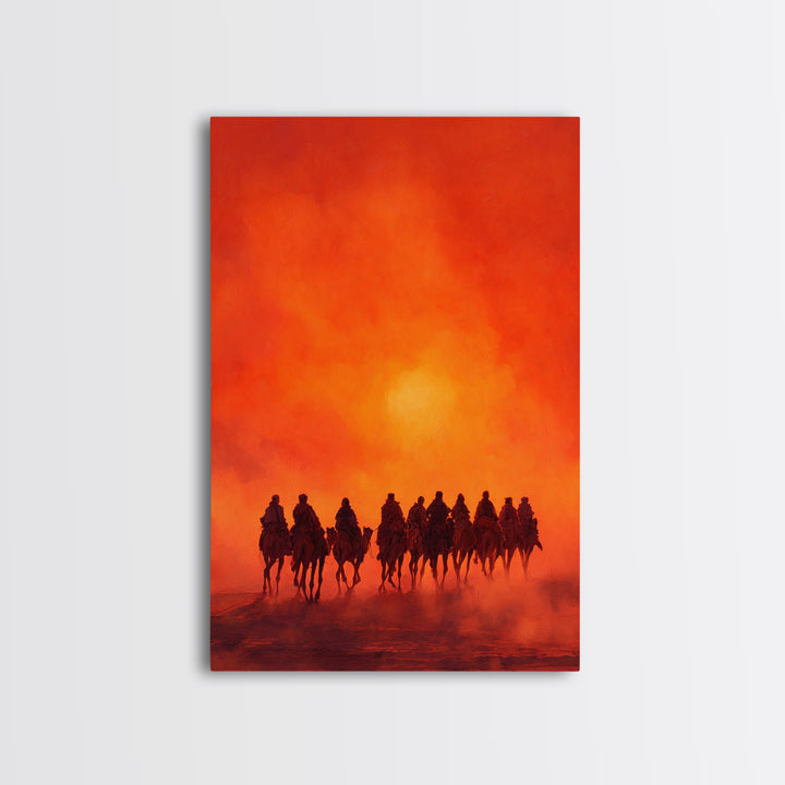 Silhouettes Of Travelers On Camels Against Vibrant Orange Sunset Desert Landscape Wall Art Canvas Print