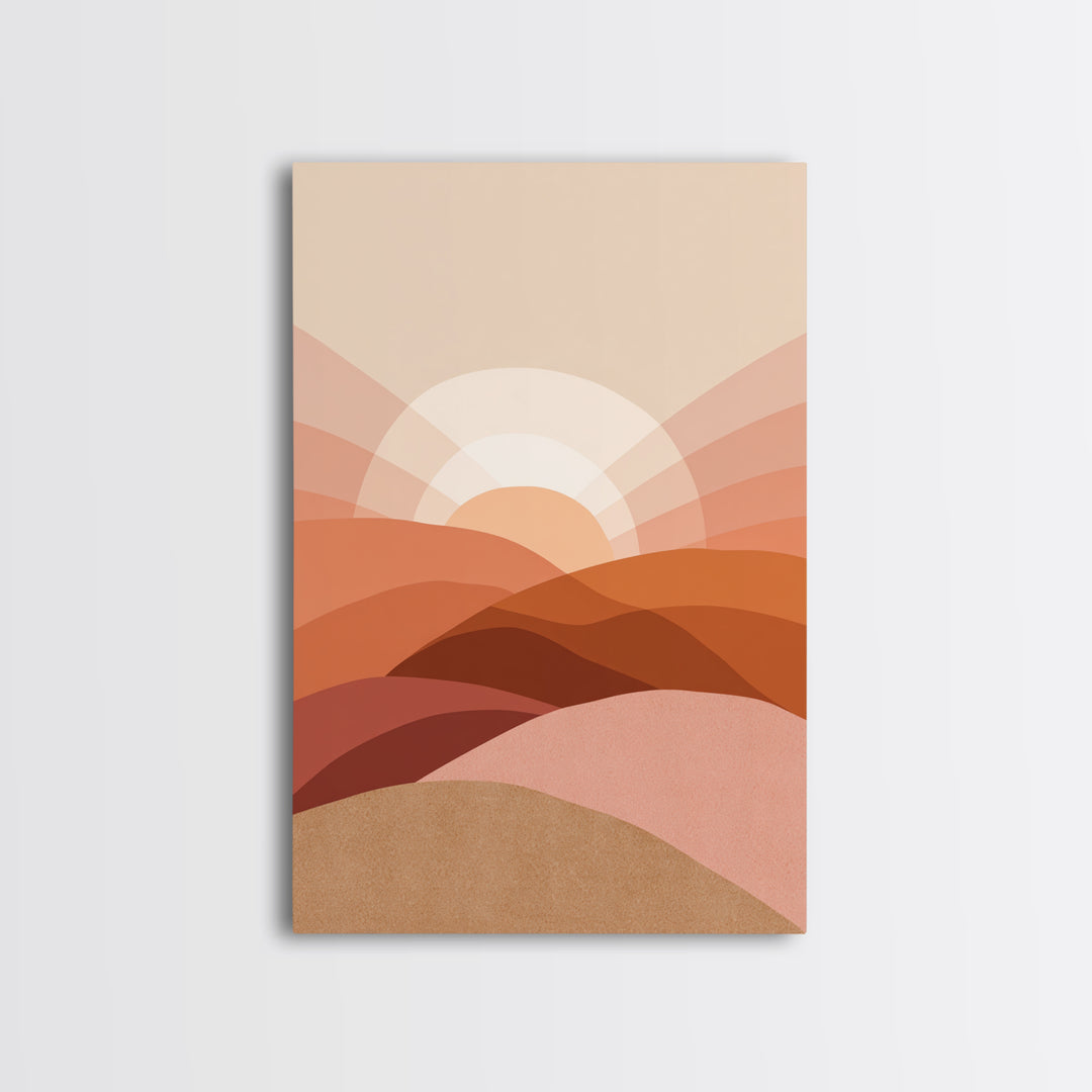 Terracotta Desert Sunrise Over Layered Hills Framed Canvas Print, Boho Wall Art, Earth Tone Decor, Large Abstract Landscape