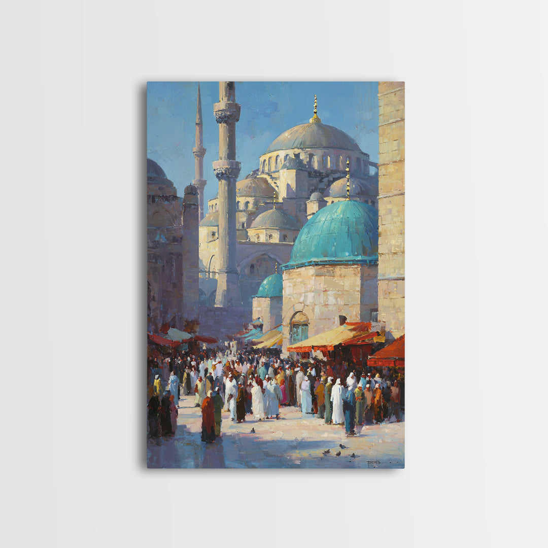 Islamic Architecture Mosque At Night Under Starry Sky With Reflective Marble Floor Wall Art Framed Canvas Print For Spiritual Decor