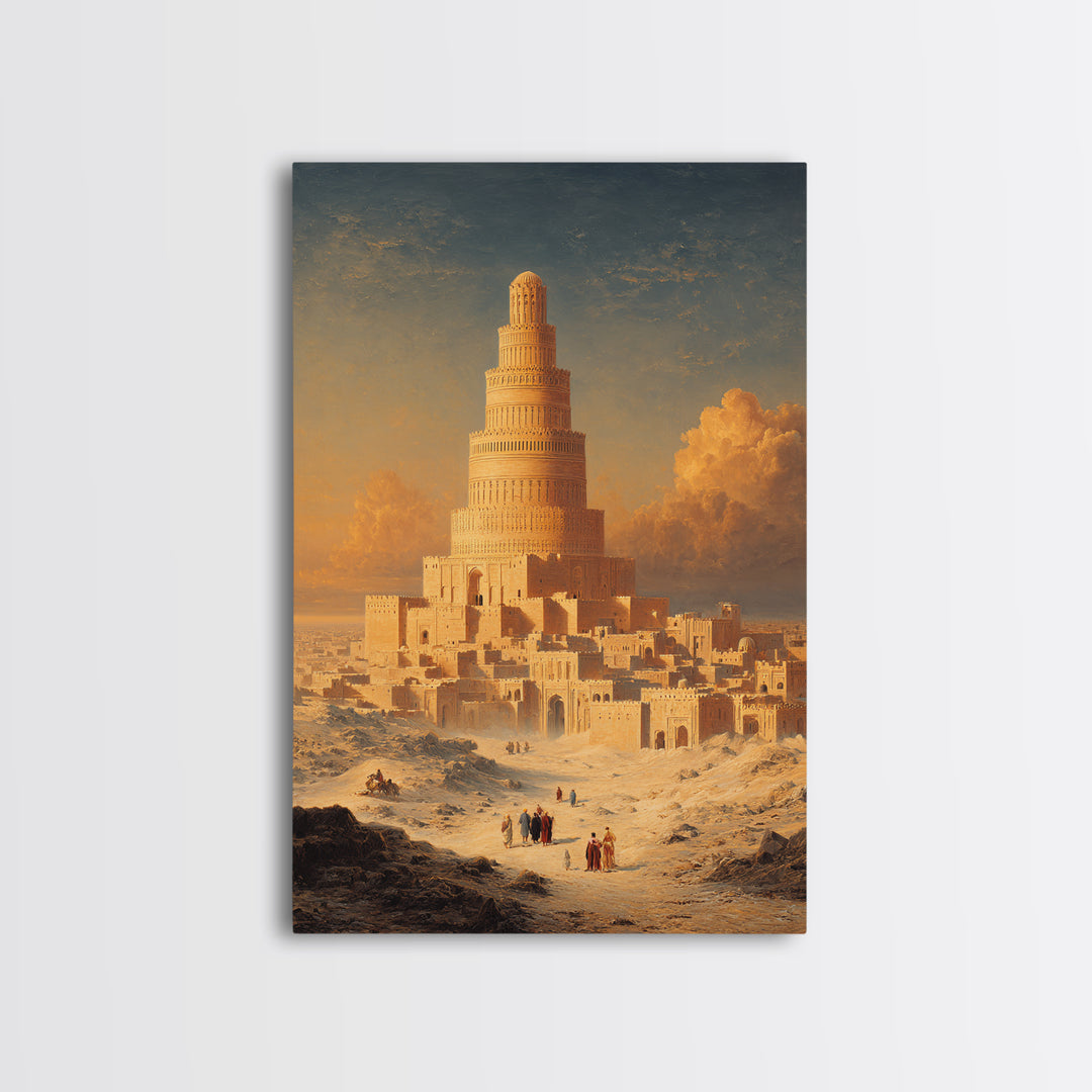 Majestic Ancient Tower With People And Sunset Sky Painting Wall Art Framed Canvas Print For Home Decor