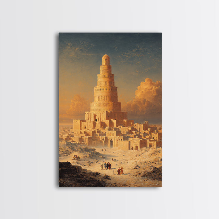 Majestic Ancient Tower With People And Sunset Sky Painting Wall Art Framed Canvas Print For Home Decor