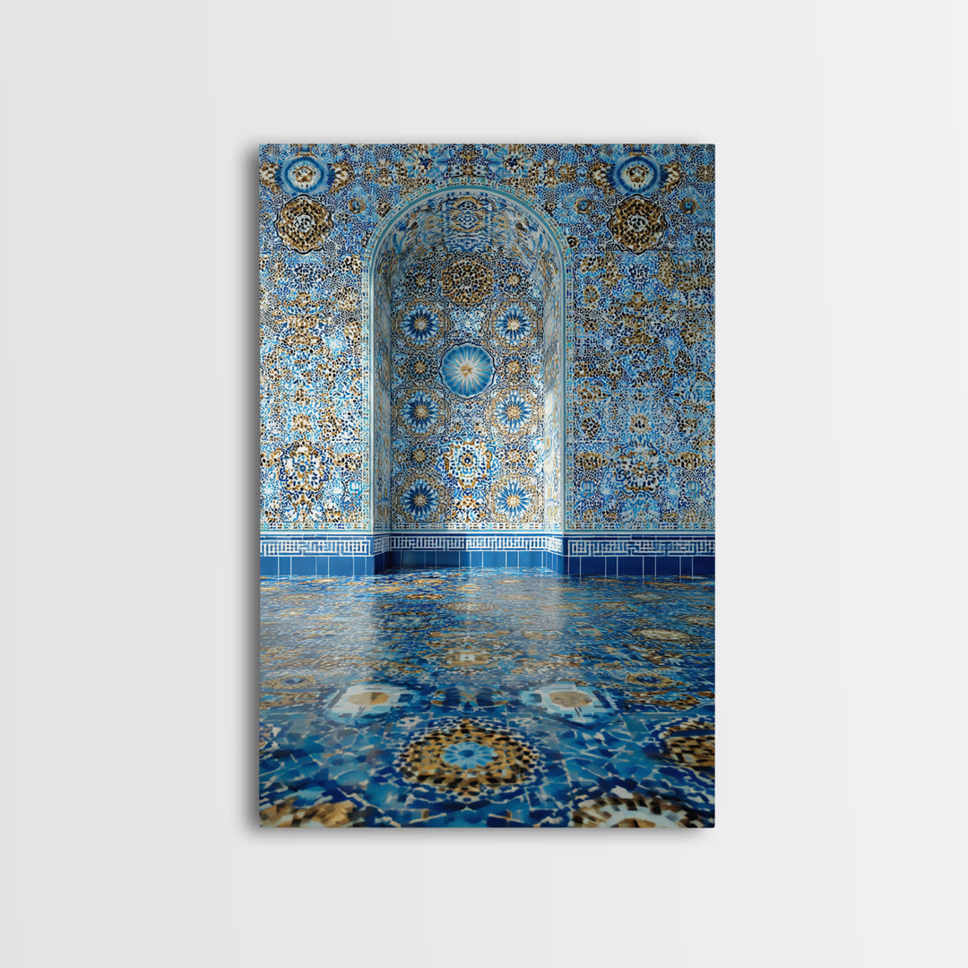 Intricate Islamic Tile Pattern Blue And Gold Wall Art Framed Canvas Print Featuring Elegant Cultural Home Decor Or Gift