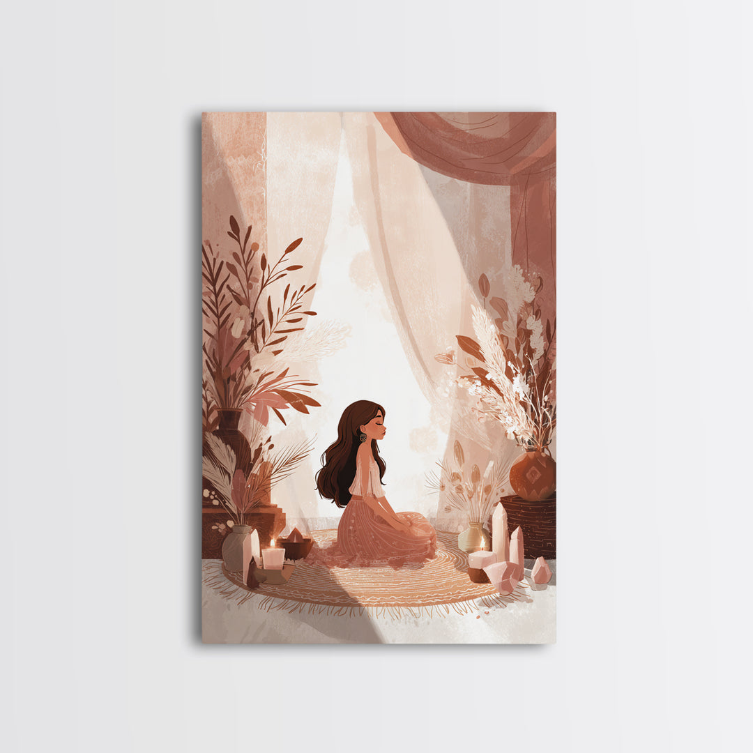 Boho Meditation Girl With Crystals And Pampas Framed Canvas Print, Yoga Studio Wall Art, Spiritual Decor, Boho Home Decor Gift