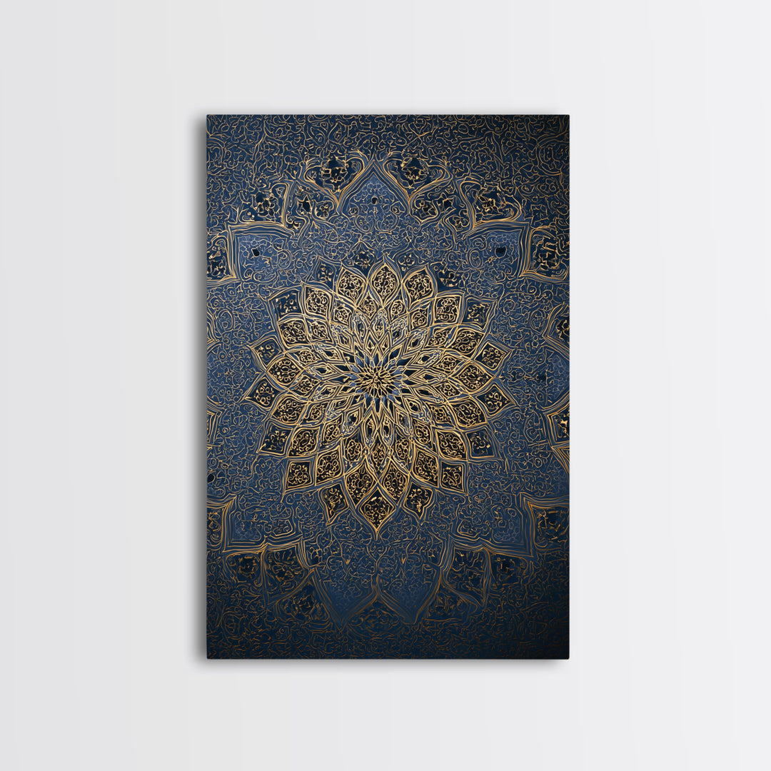 Intricate Blue And Gold Islamic Mandala Wall Art With Ornate Patterns Framed Canvas Print For Elegant Modern Home Decor