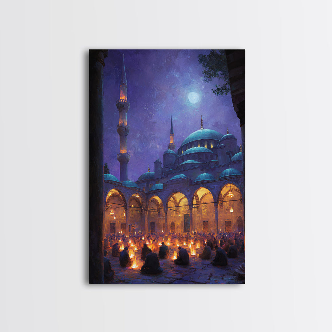 Starry Night Prayer Scene With Glowing Lamps And Mesmerizing Night Sky In Traditional Islamic Architecture Wall Art