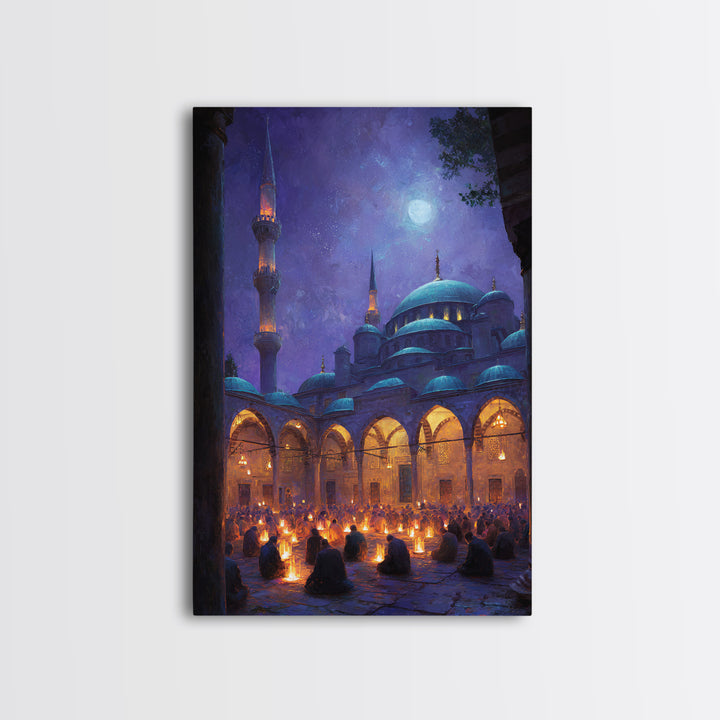 Starry Night Prayer Scene With Glowing Lamps And Mesmerizing Night Sky In Traditional Islamic Architecture Wall Art