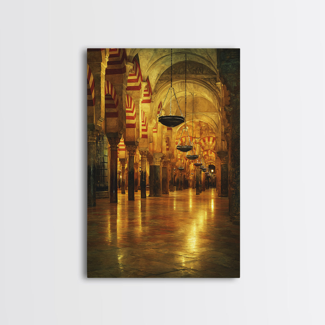 Golden Mosque Interior Glowing Warm Light Framed Canvas Islamic Wall Art Traditional Architecture Home Decor