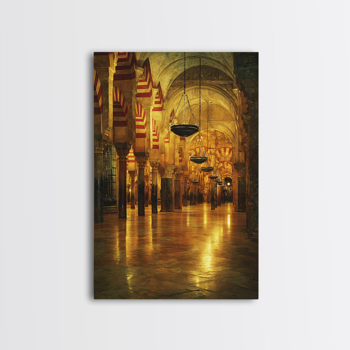 Golden Mosque Interior Glowing Warm Light Framed Canvas Islamic Wall Art Traditional Architecture Home Decor