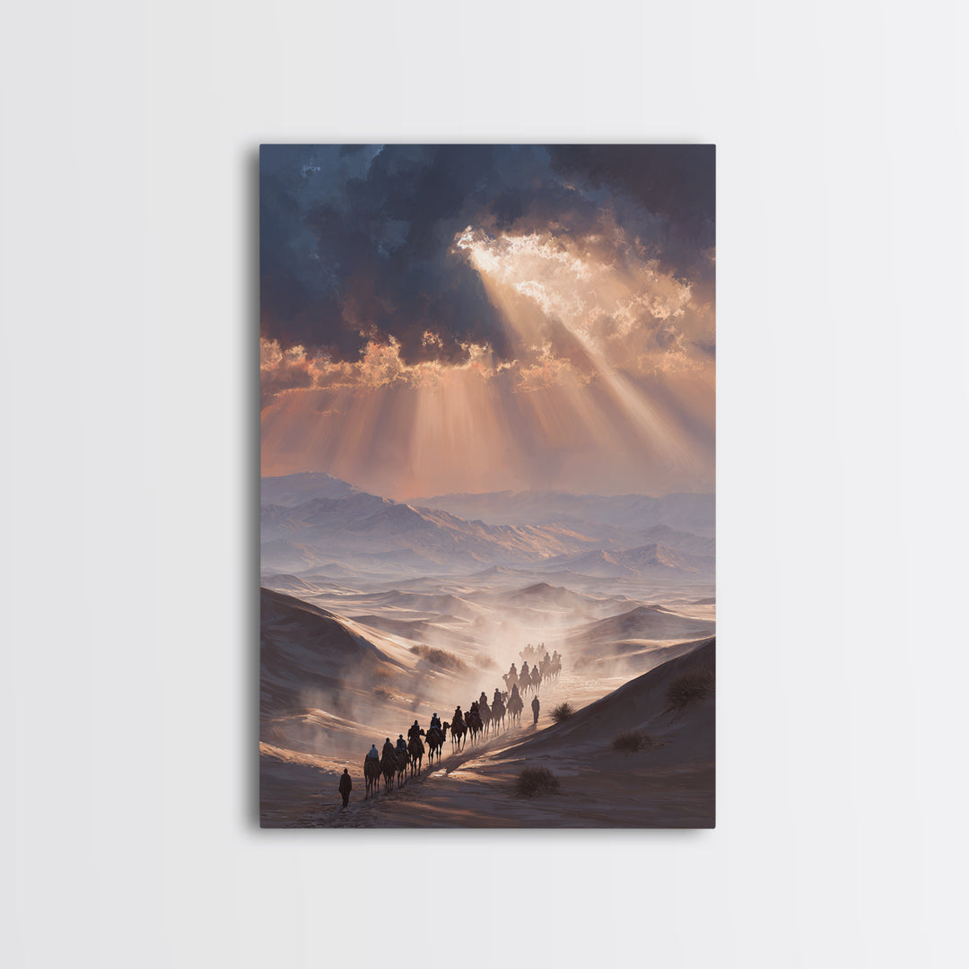Desert Caravan Landscape Painting Dramatic Sunset Wall Art Framed Canvas Print For Southwest Home Decor Gift