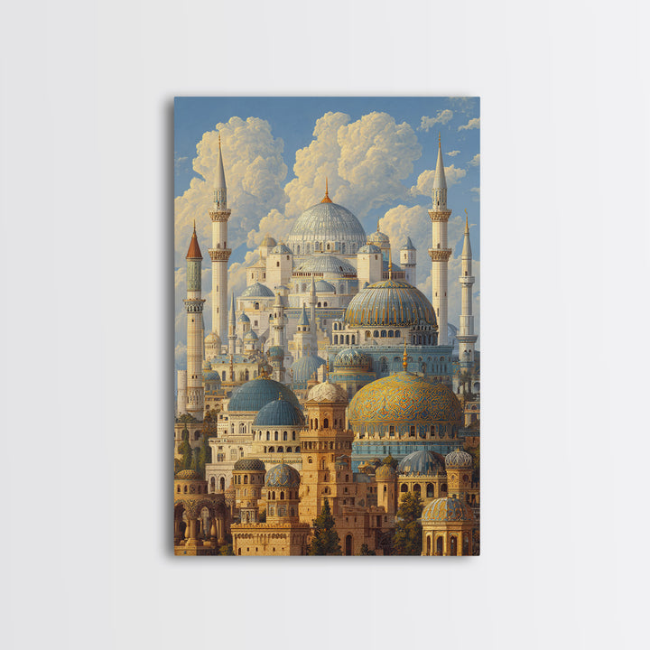 Detailed Ottoman Mosque Architecture With Puffy Clouds Original Landscape Oil Painting Wall Art For Home Or Office Decor