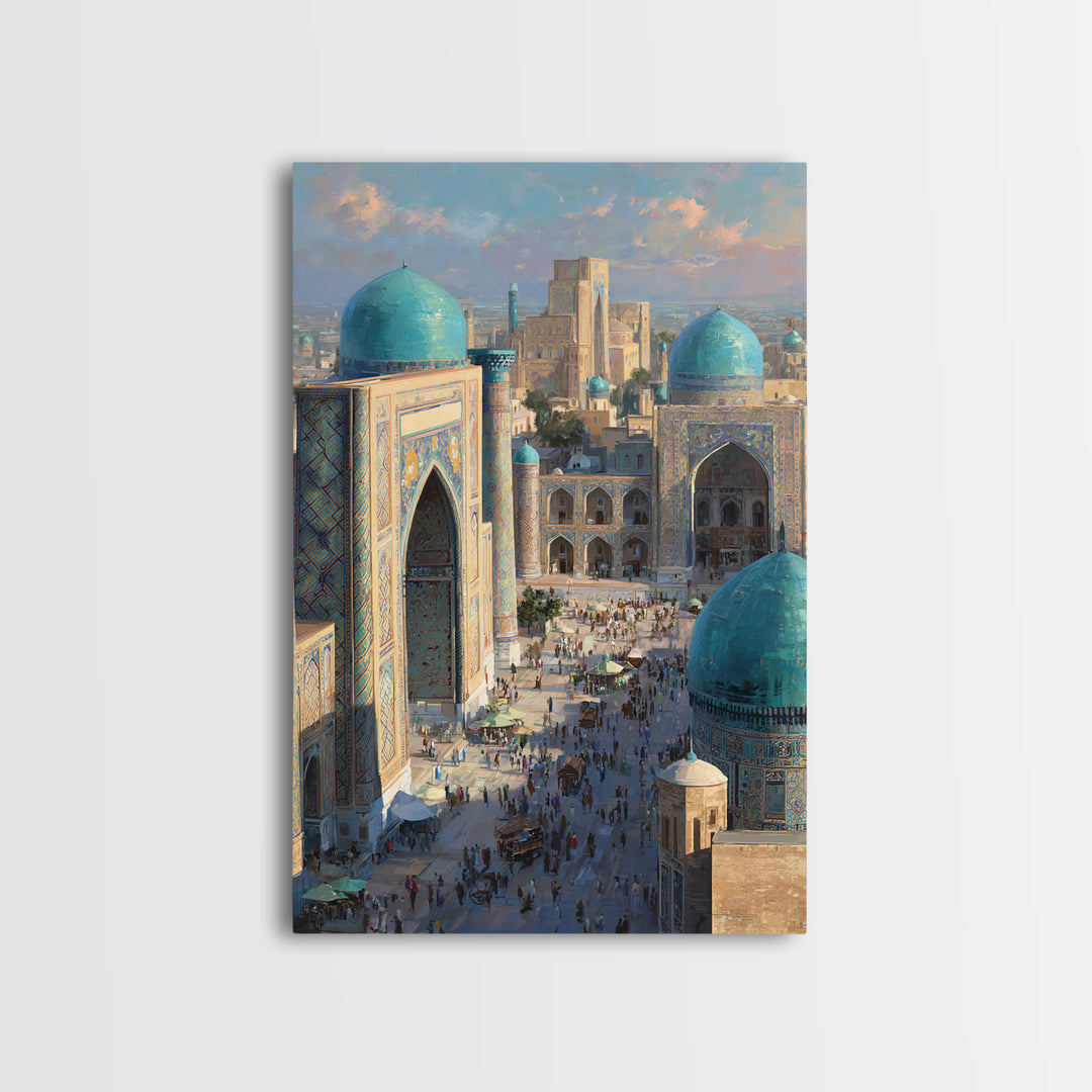 Sunlit Oriental Market Street With Blue Domed Buildings Painting Wall Art Framed Canvas Print