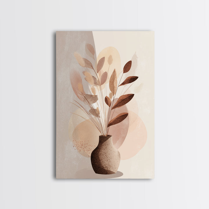 Neutral Botanical Vase With Soft Abstract Leaves Framed Canvas Print, Minimalist Wall Art, Japandi Decor, Modern Home Decor
