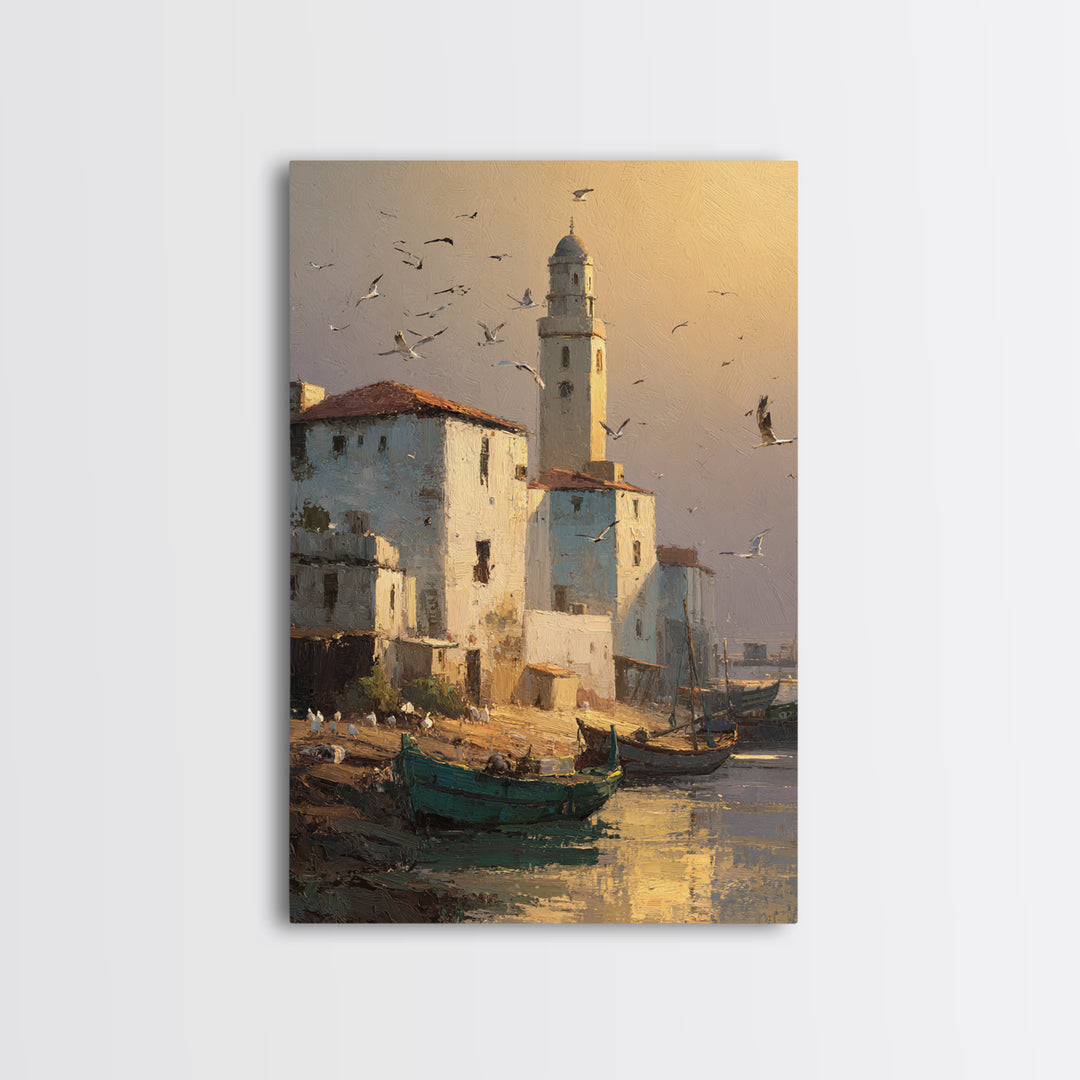 Quiet Coastal Town Harbor Scene With Boats And Warm Light Canvas Print Wall Art For Nautical Home Decor And Living Room Wall Art