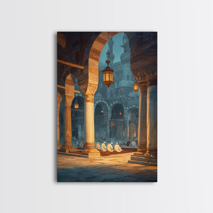 Ancient Mosque Interior With Worshippers And Pillars Framed Canvas Print Islamic Wall Art Modern Home Decor