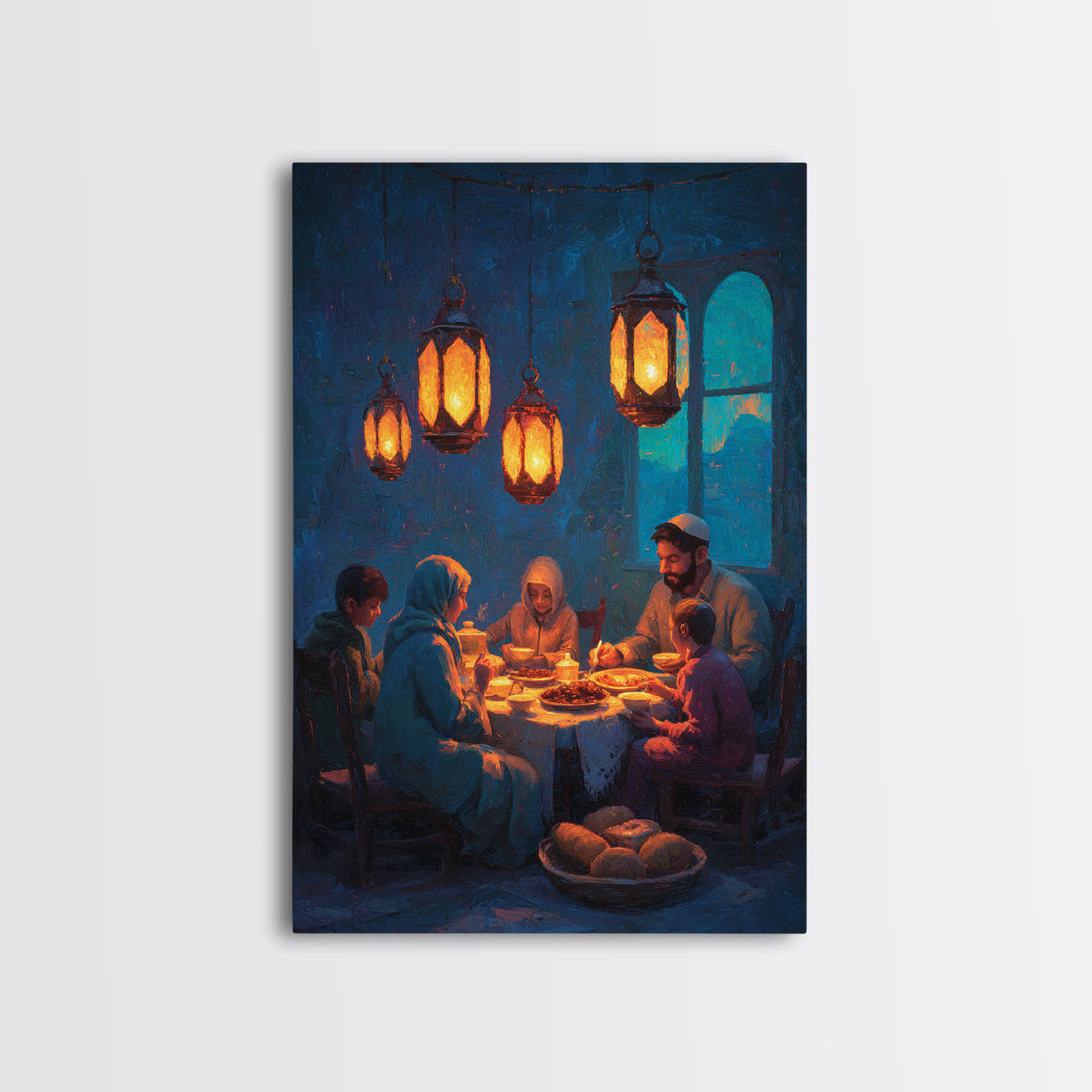 Warm Family Dinner Scene Oil Painting Inspired Wall Art Framed Canvas Print For Cozy Home Decor Gift For Loved Ones