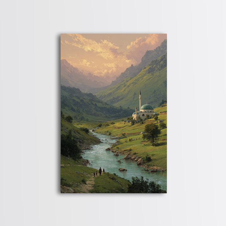 Peaceful Mountain Village With Flowing River Landscape Oil Painting Canvas Print For Nature Lovers And Tranquil Wall Decor