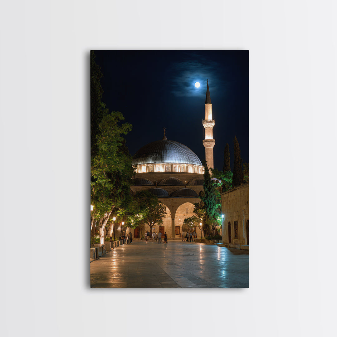 Nighttime Mosque With Illuminated Minaret Photography Wall Art Framed Canvas Print Spiritual Home Decor