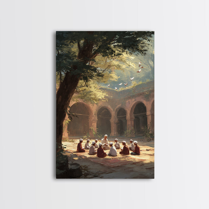 Golden Doves In Sunlit Forest Scenic Nature Painting Framed Canvas Print Rustic Cozy Wall Art For Home