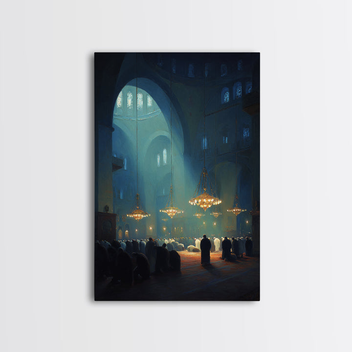 Spiritual Worship Scene Inside Cathedral With Light Beams And Congregation Modern Wall Art Canvas Print For Living Room Décor