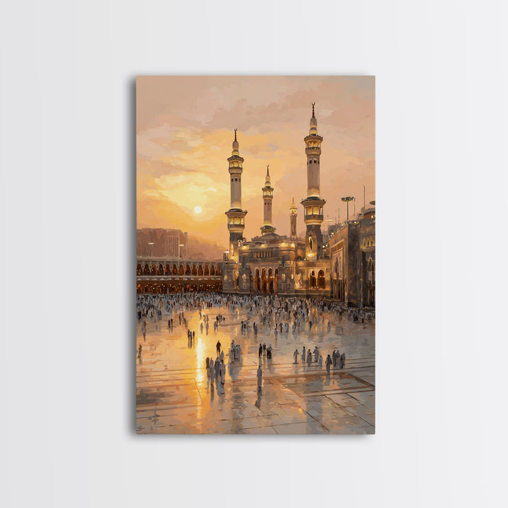 Sunset Over Mecca Mosque Digital Painting Wall Art Framed Canvas Print For Islamic Home Decor And Spiritual Gifts