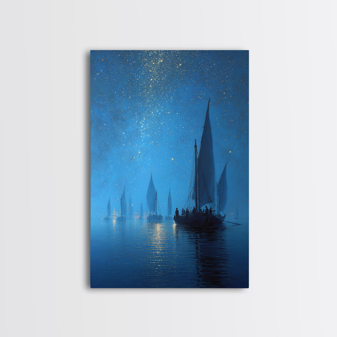 Starry Night Sailboat Scene With Glittering Sky And Calm Water - Modern Wall Art For Living Room Decor