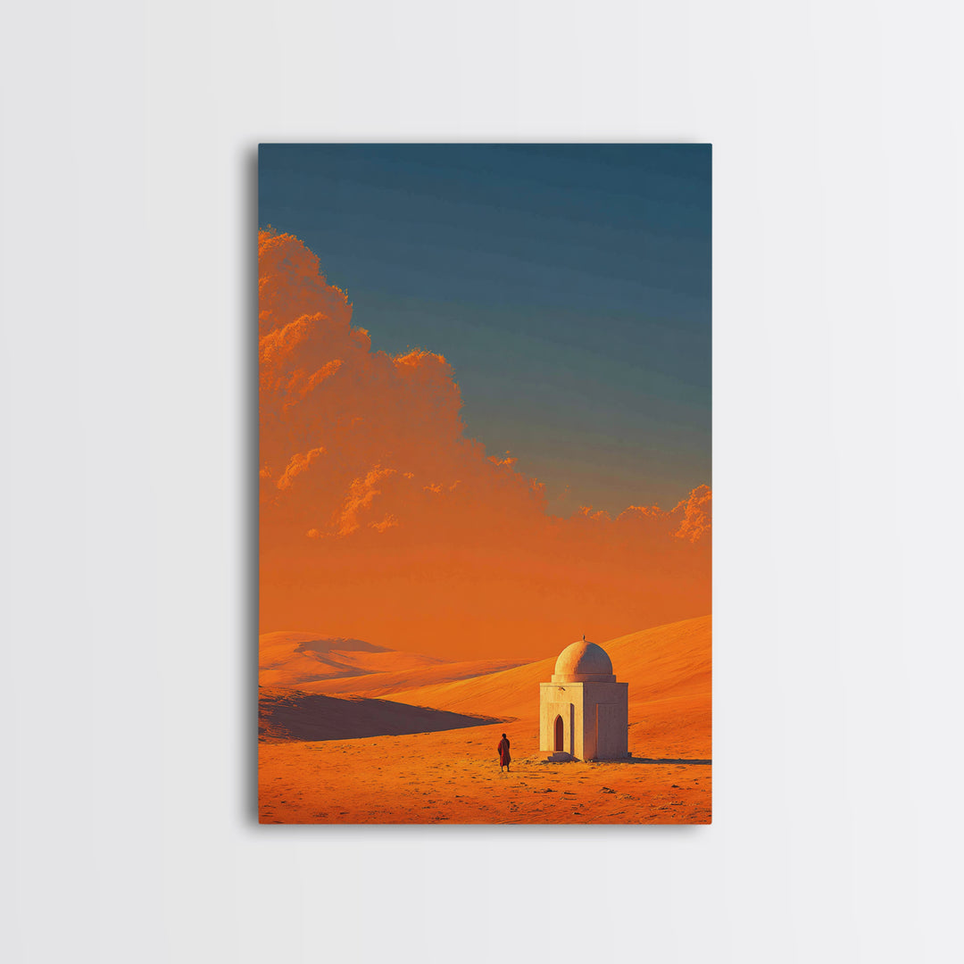 Desert Landscape With Monochrome Architecture And Vibrant Orange Sky Wall Art Framed Canvas Print For Home