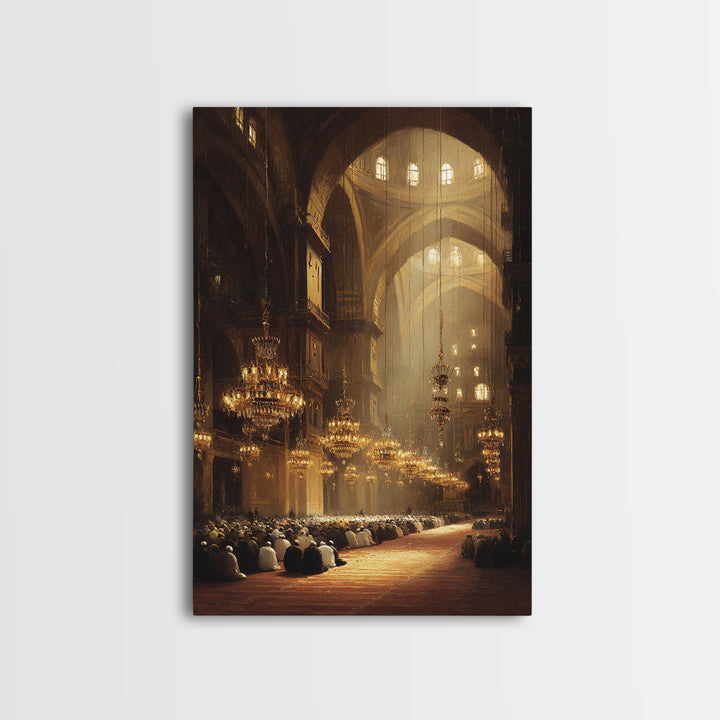 Majestic Mosque Interior With Warm Golden Light And Praying Crowd Religious Wall Art Perfect Home Decor