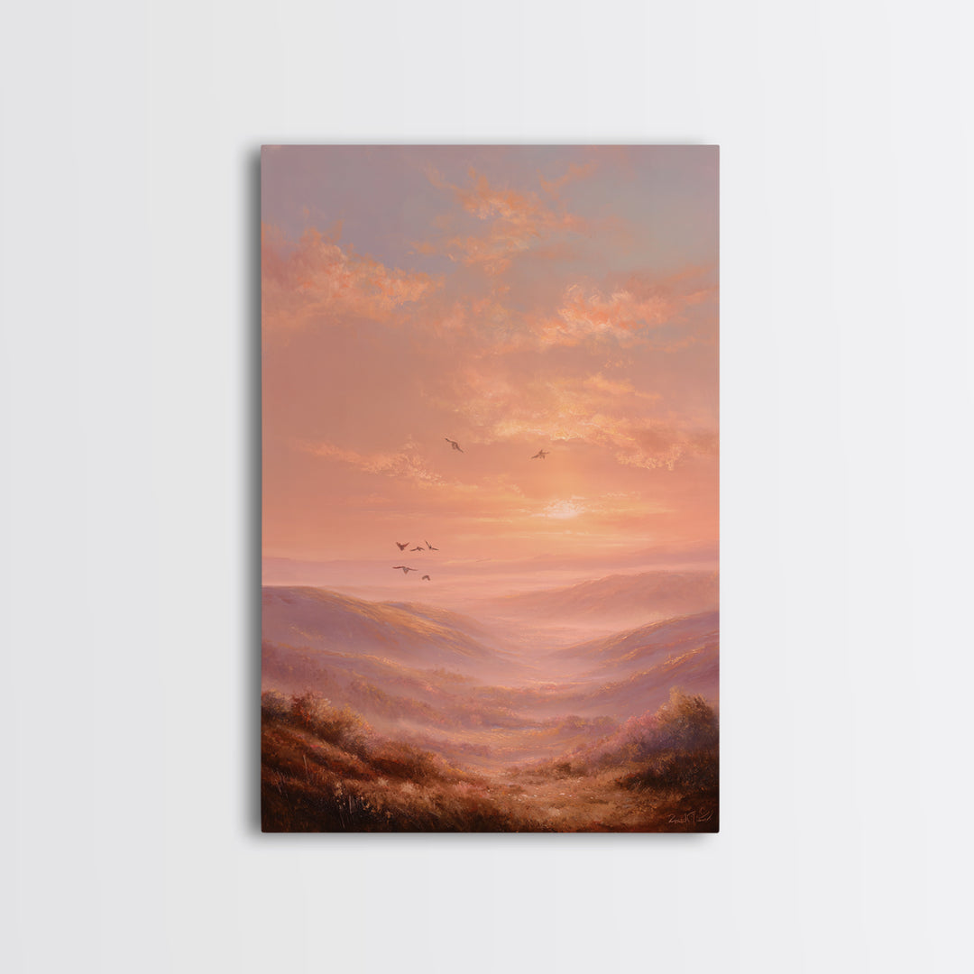 Golden Sunset Mountain Valley With Birds Framed Canvas Print, Landscape Wall Art, Warm Nature Decor, Living Room Wall Decor
