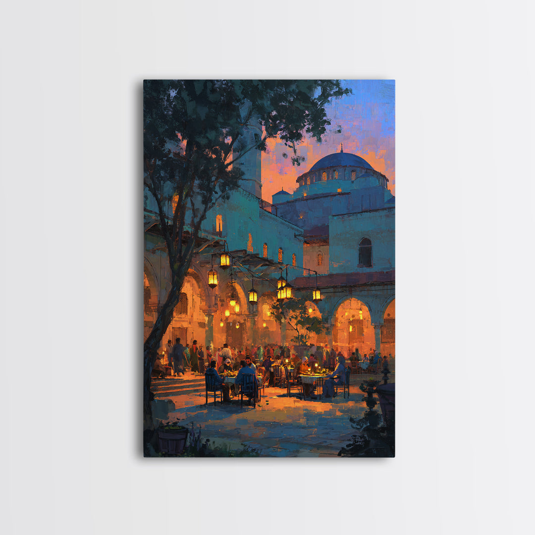 Serene Evening Mosque Courtyard With Warm Light And People Digital Painting Canvas Print For Cultural And Cozy Wall Decor