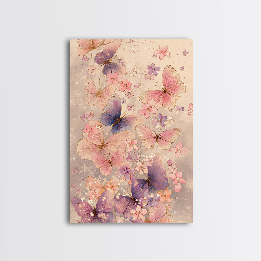 Pink And Purple Butterflies With Tiny Blossoms Framed Canvas Print, Feminine Wall Art, Butterfly Art Print, Nursery Decor