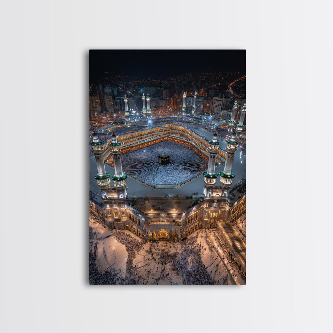 Aerial Nighttime View Of Mecca Holy Mosque And Kaaba Islamic Spiritual Artwork Large Wall Art Framed Canvas Print For Home Decor