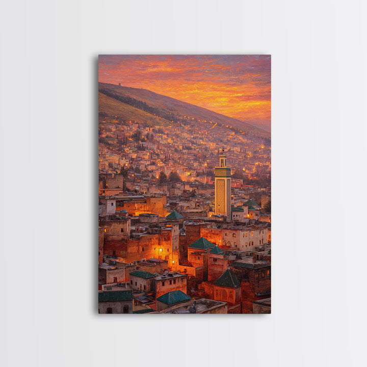 Sunlit Moroccan Cityscape At Dawn With Vibrant Orange Hues And Traditional Green Tiled Roofs Wall Art