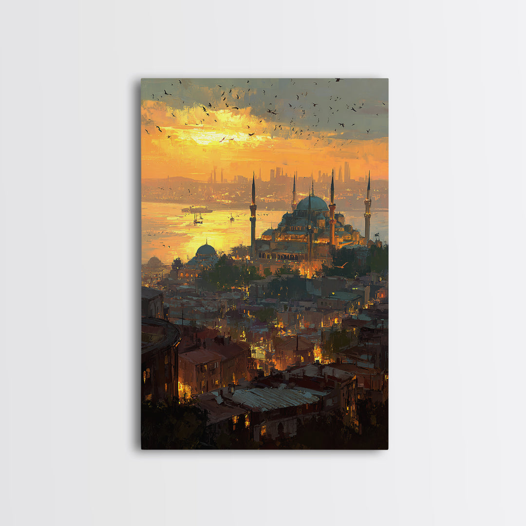 Sunset Cityscape With Mosque And Glowing Skyline Vibrant Fine Art Canvas Print For Urban Wall Decor
