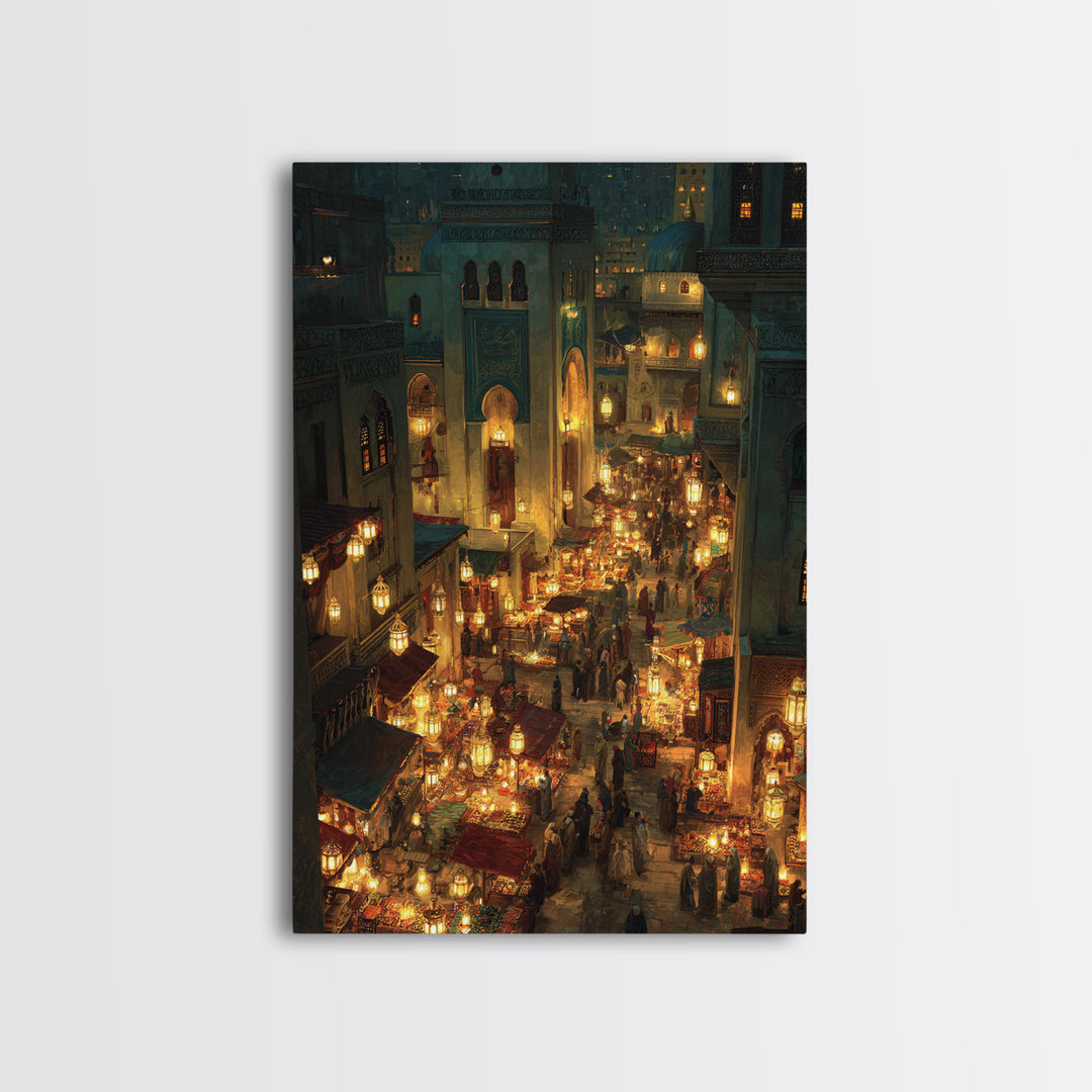 Bustling Middle Eastern Market At Night Glowing Lanterns Exotic Bazaar Wall Art Framed Canvas Print For Decor