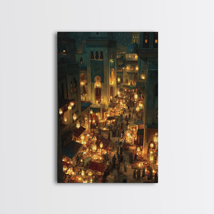 Bustling Middle Eastern Market At Night Glowing Lanterns Exotic Bazaar Wall Art Framed Canvas Print For Decor