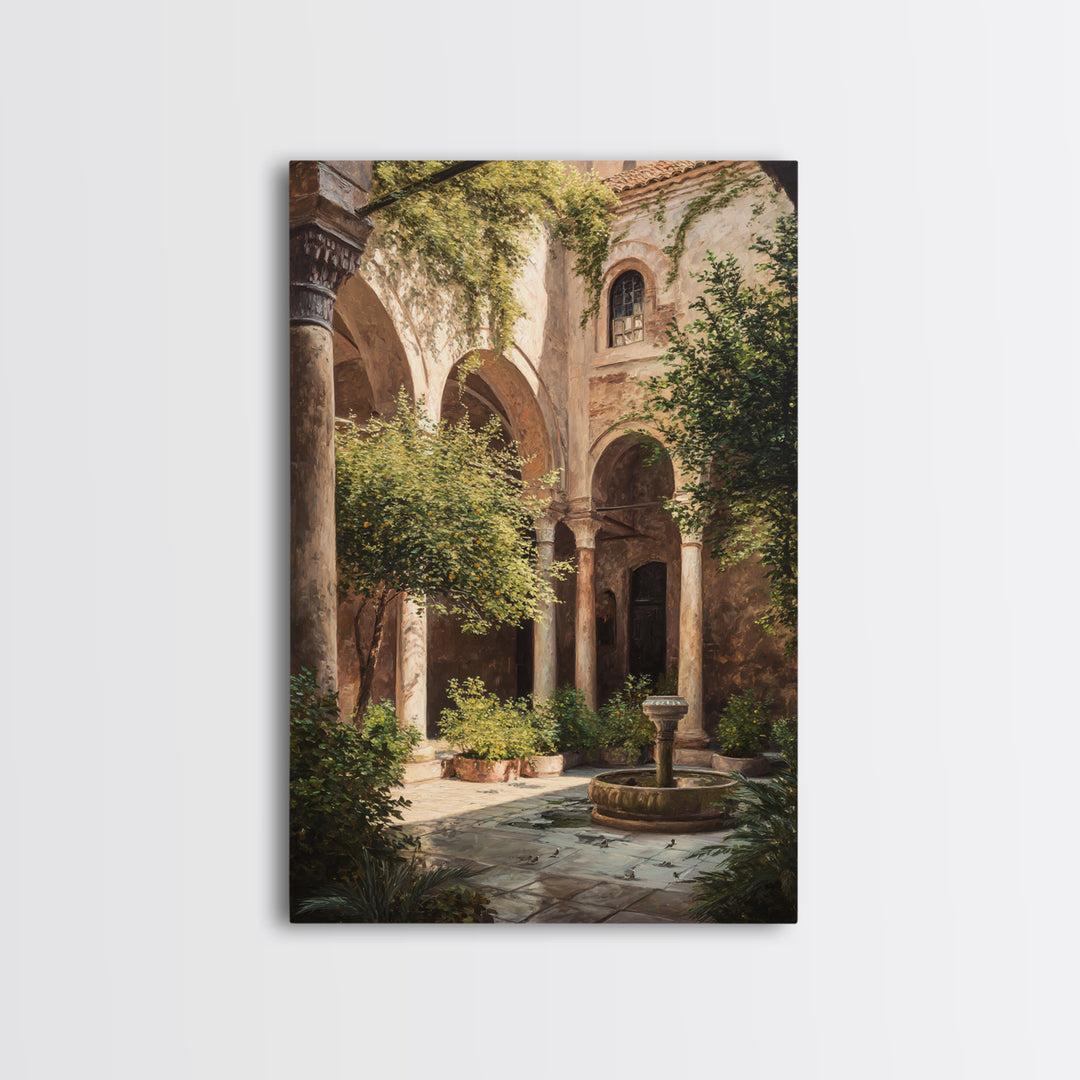 Sunlit Mediterranean Courtyard Garden Wall Art Framed Canvas Print For Rustic Home Decor