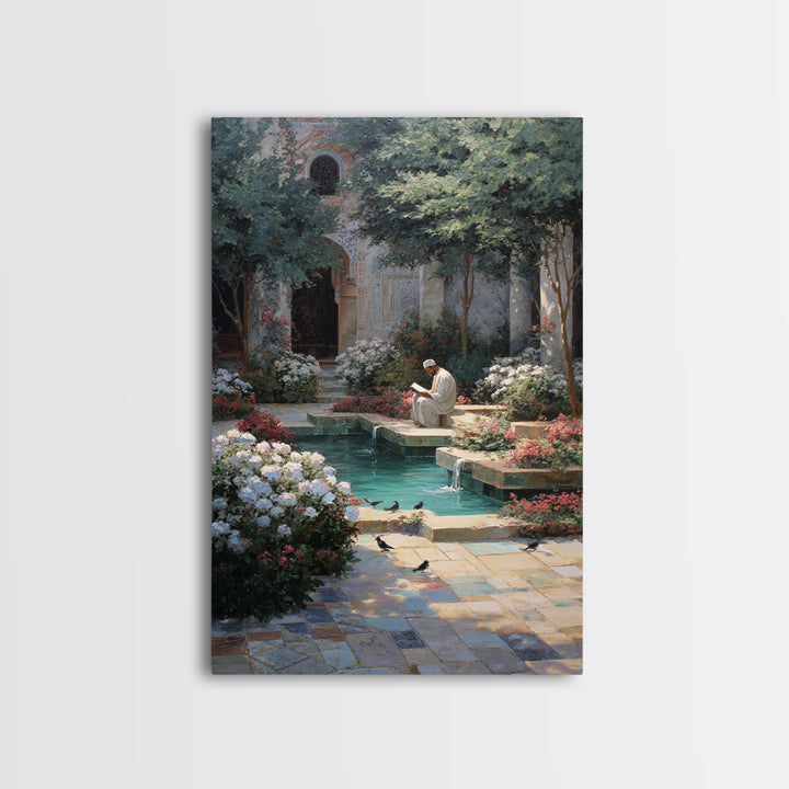 Serene Islamic Courtyard With Reflective Pool And Reading Man Oriental Framed Canvas Print Elegant Wall Art For Sophisticated Home
