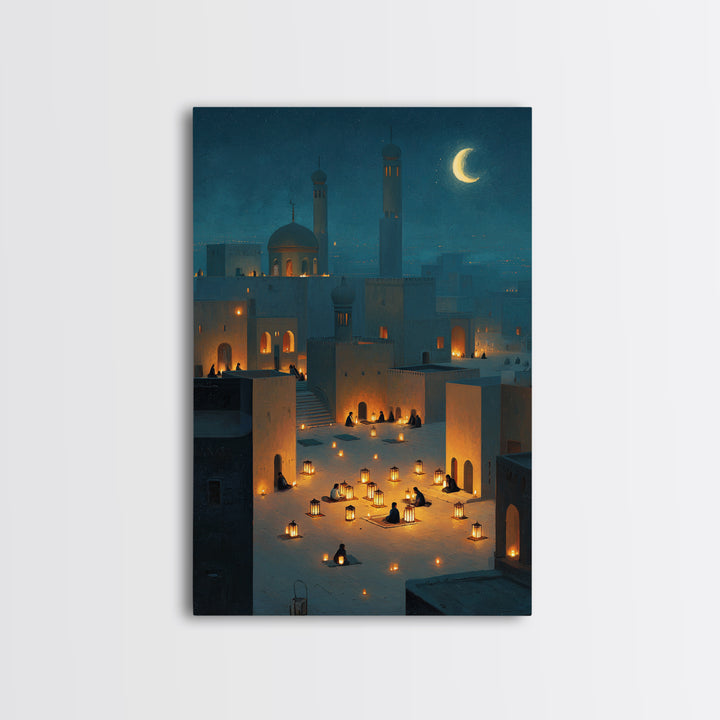 Peaceful Lantern Lit Desert Scene With Blue Twilight Desert Night Wall Art Framed Canvas Print For Bedroom