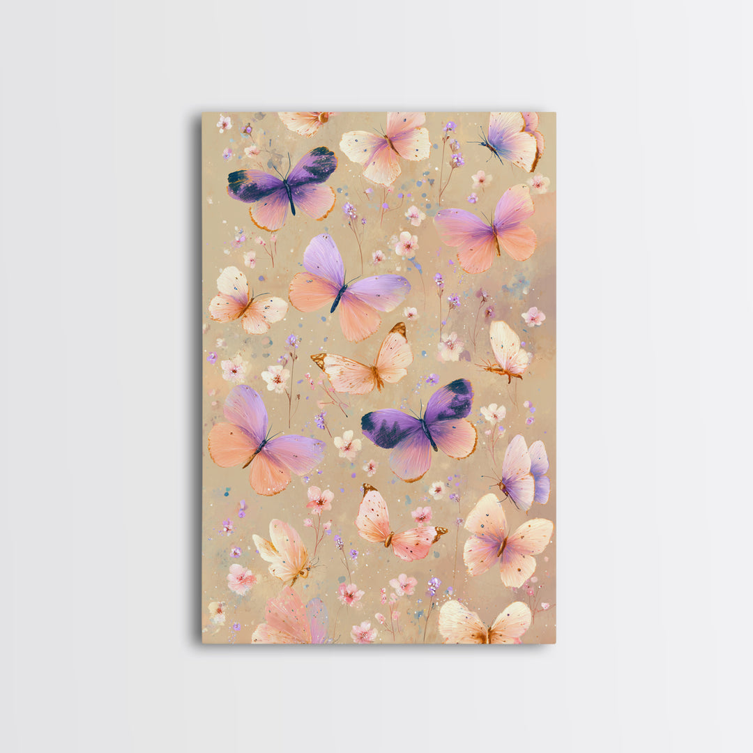 Pastel Butterflies And Wildflowers On Beige Canvas Print, Whimsical Wall Art, Girls Room Decor, Colorful Nursery Art Gift