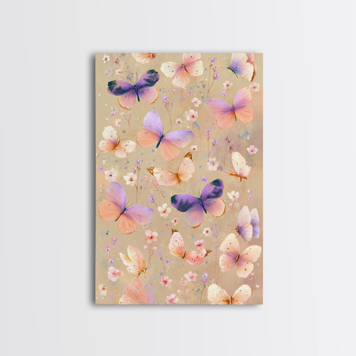 Pastel Butterflies And Wildflowers On Beige Canvas Print, Whimsical Wall Art, Girls Room Decor, Colorful Nursery Art Gift