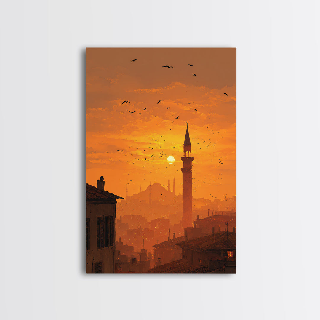 Golden Hour Sunset Over Cityscape With Birds Flying Wall Art Canvas Print For Warm Home Decor And Relaxing Living Room