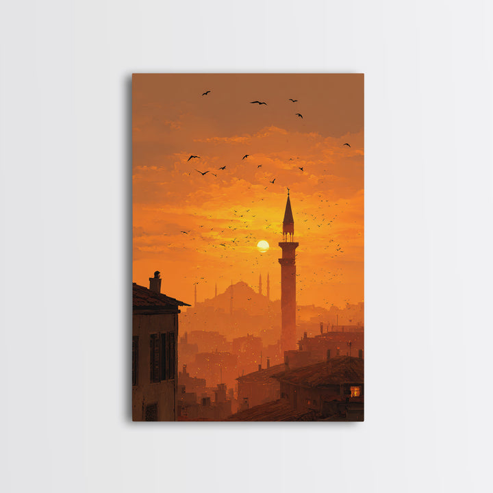 Golden Hour Sunset Over Cityscape With Birds Flying Wall Art Canvas Print For Warm Home Decor And Relaxing Living Room