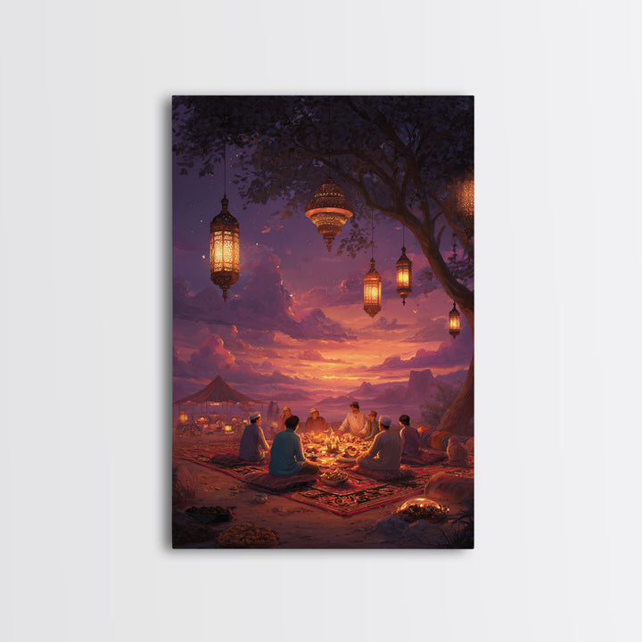 Illustrated Lanterns Night Scene Moroccan Style Wall Art Boho Home Decor Framed Canvas Print