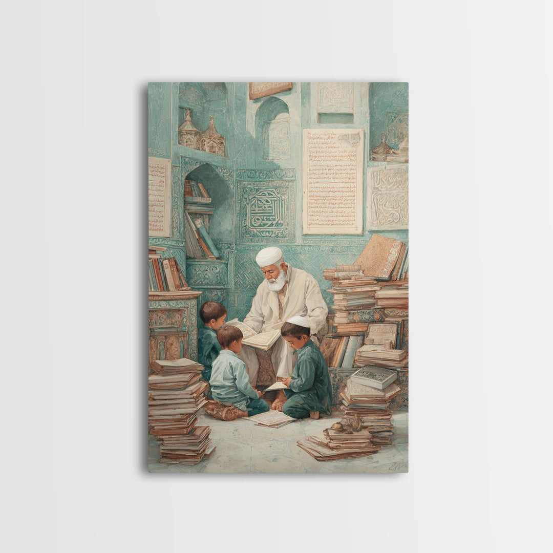 Traditional Islamic Learning Scene With Elderly Teacher And Students Wall Art Framed Canvas Print For Home Decor