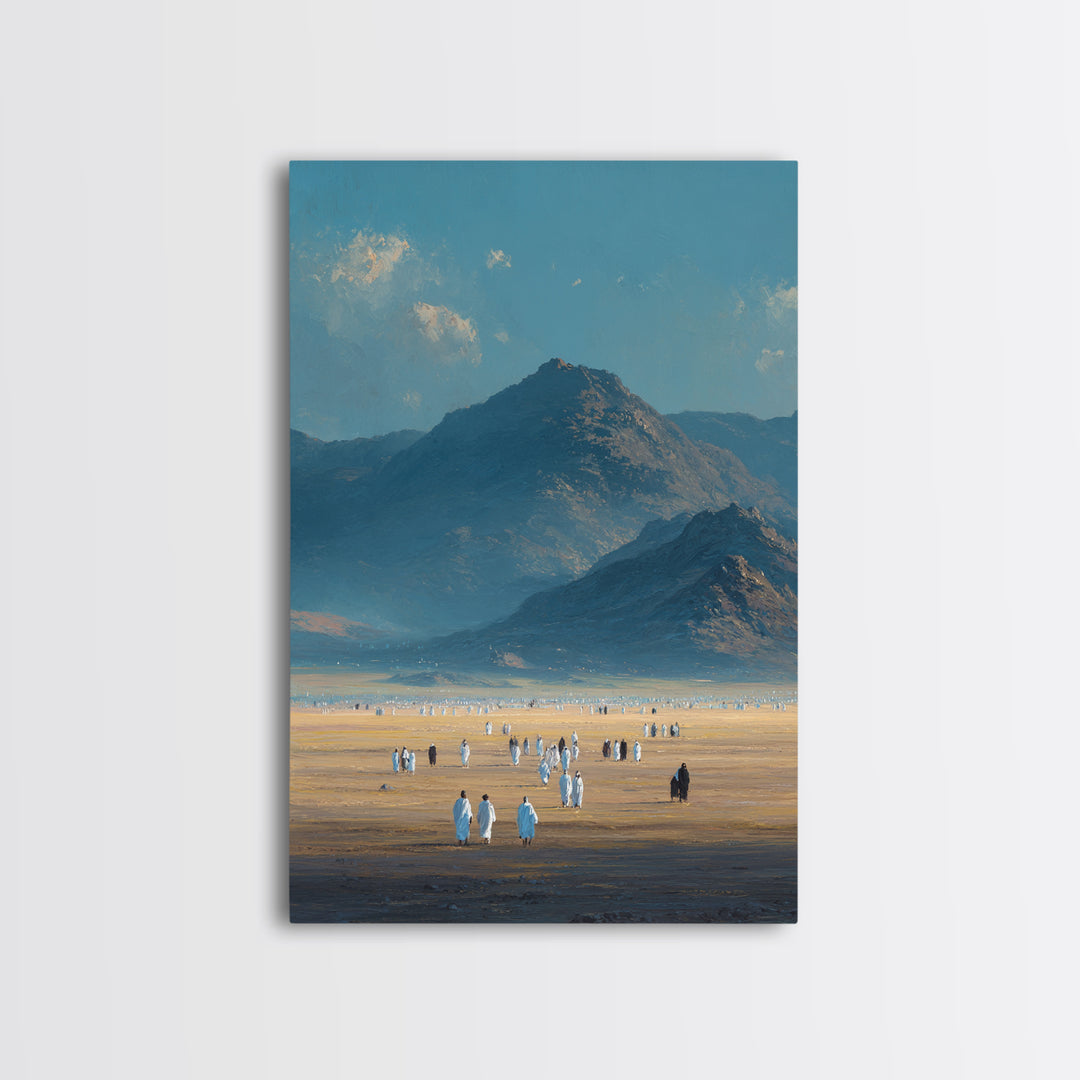 Expansive Desert Landscape With People Traveling Artistic Wall Art Framed Canvas Print For Minimalist Rustic Home Decor