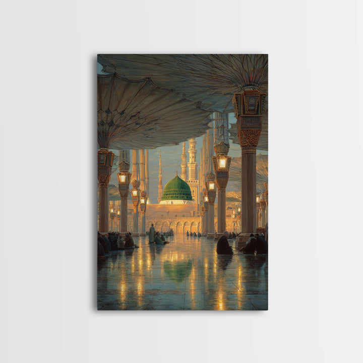 Historic Mosque Interior Painting With Ornate Architecture And Worshippers Canvas Print Wall Art For Spiritual Home Decor