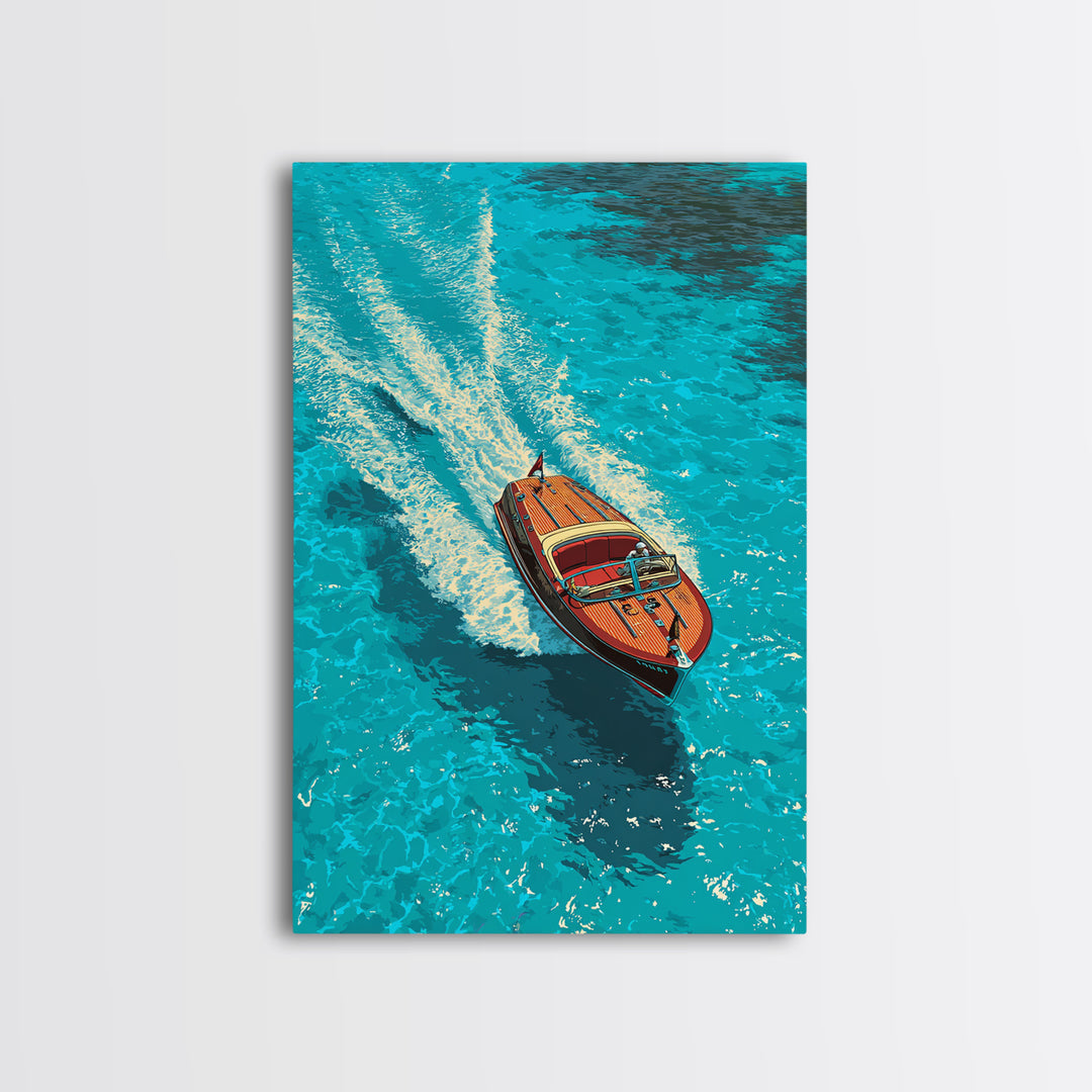 Classic Wooden Speedboat Zooming Through Deep Blue Water - Vibrant Canvas Print For Coastal Wall Art
