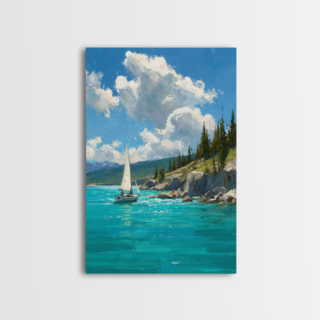 Serene Mountain Lake Sailing Scene Oil Painting Canvas Print For Calm Living Room Decor And Nautical Wall Art